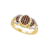 10kt Yellow Gold Womens Round Cognac-brown Colored Diamond Oval Cluster Ring 1/3 Cttw