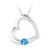 Sterling Silver Womens Round Lab-Created Blue Topaz Heart Pendant 1/6 Cttw