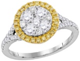 18kt White Gold Womens Round Yellow Diamond Cluster Bridal Wedding Engagement Ring 1-1/10 Cttw