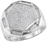 10kt White Gold Mens Round Natural Diamond Hexagon Cluster Fashion Ring 1/2 Cttw
