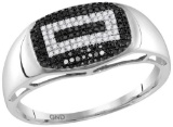 10kt White Gold Mens Round Black Colored Diamond Concentric Rectangle Cluster Ring 1/4 Cttw