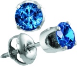 14kt White Gold Womens Round Blue Colored Diamond Solitaire Stud Earrings 1.00 Cttw
