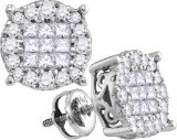 14kt White Gold Womens Princess Natural Diamond Soleil Cluster Fashion Earrings 1.00 Cttw