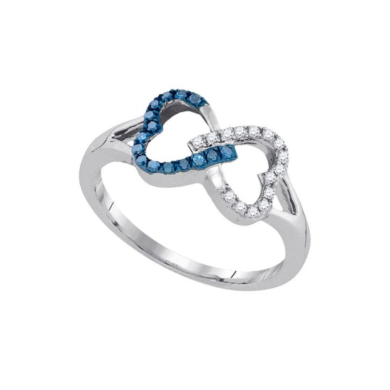 10kt White Gold Womens Round Blue Colored Diamond Heart Love Fashion Ring 1/6 Cttw