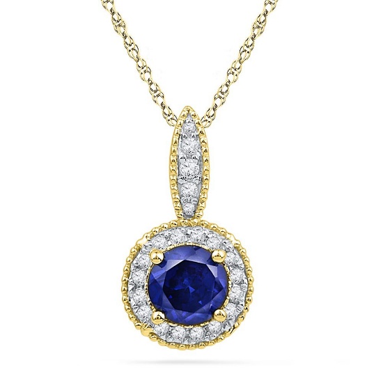 10kt Yellow Gold Womens Round Lab-Created Blue Sapphire Solitaire Diamond Frame Pendant 1/6 Cttw