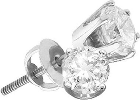 14kt White Gold Womens Round Natural Diamond Solitaire Stud Screwback Earrings 1.00 Cttw