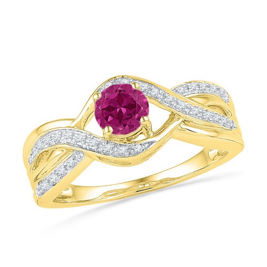 10kt Yellow Gold Womens Round Lab-Created Pink Sapphire Solitaire Diamond Twist Ring 1/10 Cttw
