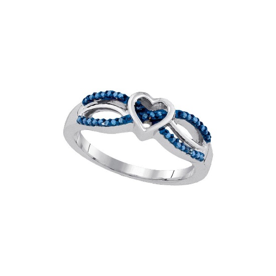 Sterling Silver Womens Round Blue Colored Diamond Double Row Heart Ring 1/10 Cttw