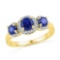 10kt Yellow Gold Womens Round Lab-Created Blue Sapphire 3-stone Diamond Fashion Ring 1 & 3/8 Cttw