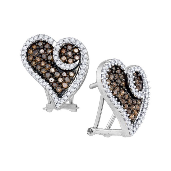 10kt White Gold Womens Cognac-brown Colored Diamond Heart Love Earrings 1.00 Cttw