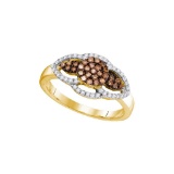 10kt Yellow Gold Womens Round Cognac-brown Colored Diamond Cluster Ring 1/3 Cttw