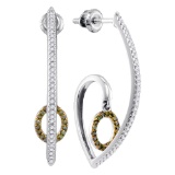 10kt White Gold Womens Round Green Colored Diamond J Hoop Oval Dangle Earrings 1/4 Cttw
