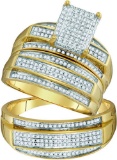 10kt Yellow Gold His & Hers Round Diamond Rectangle Cluster Matching Bridal Wedding Ring Band Set 5/