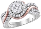 14kt White Rose-tone Gold Womens Round Diamond Cluster Bridal Wedding Engagement Ring 3/4 Cttw