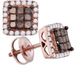 10kt Rose Gold Womens Princess Red Colored Diamond Square Cluster Fashion Earrings 3/4 Cttw