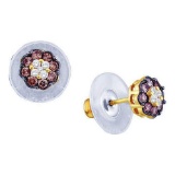 14KT Yellow Gold 1.00CTW WHITE AND BROWN ROUND COGNAC DIAMOND LADIES FLOWER EARRINGS