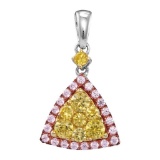 14kt White Gold Womens Round Yellow Pink Diamond Triangle Frame Cluster Pendant 5/8 Cttw