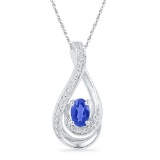 10kt White Gold Womens Oval Lab-Created Blue Sapphire Solitaire Diamond Pendant .02 Cttw