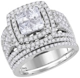 14kt White Gold Womens Princess Diamond Cluster Halo Bridal Wedding Engagement Ring Band Set 3.00 Ct