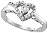 Sterling Silver Womens Round Natural Diamond Heart Love Fashion Ring 1/10 Cttw