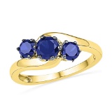 10kt Yellow Gold Womens Round Lab-Created Blue Sapphire 3-stone Fashion Ring 1 & 1/2 Cttw