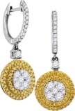 18kt White Gold Womens Round Yellow Diamond Circle Frame Cluster Dangle Earrings 1.00 Cttw