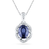 10kt White Gold Womens Oval Lab-Created Blue Sapphire Solitaire Diamond Fashion Pendant 1 & 3/4 Cttw
