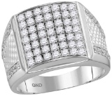 10kt White Gold Mens Round Pave-set Diamond Square Cluster Textured Ring 2-1/4 Cttw