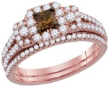14kt Rose Gold Womens Cognac-brown Diamond Princess Halo Bridal Wedding Engagement Ring Band Set 1 &