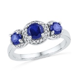 10kt Yellow Gold Womens Round Lab-Created Blue Sapphire 3-stone Diamond Fashion Ring 1 & 3/8 Cttw