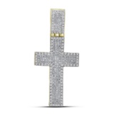 10kt Yellow Gold Mens Princess Round Diamond Inset Christian Cross Charm Pendant 1-5/8 Cttw