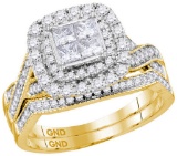 14kt Yellow Gold Womens Princess Diamond Cluster Halo Bridal Wedding Engagement Ring Band Set 1.00 C