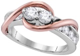 14kt White Gold Womens Round Diamond 2-stone Hearts Together Bridal Wedding Engagement Ring 1.00 Ctt