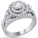 14K White Gold Bridal Halo Cluster Infinity Love Real Diamond Engagement Ring Set 1.5 CT