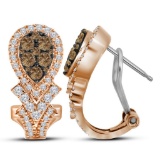 10kt Rose Gold Womens Round Cognac-brown Colored Diamond Cluster Hoop Earrings 1.00 Cttw