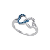Sterling Silver Womens Round Blue Colored Diamond Double Linked Heart Ring 1/6 Cttw