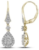 14kt Yellow Gold Womens Round Diamond Teardrop Cluster Dangle Earrings 3/4 Cttw