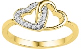10kt Yellow Gold Womens Round Diamond Double Locked Heart Ring 1/12 Cttw