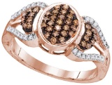 10kt Rose Gold Womens Round Cognac-brown Colored Diamond Oval Cluster Ring 1/3 Cttw