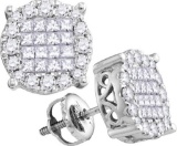 14kt White Gold Womens Princess Natural Diamond Soleil Cluster Fashion Earrings 1.00 Cttw