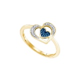 10kt Yellow Gold Womens Round Blue Colored Diamond Heart Love Fashion Ring 1/20 Cttw