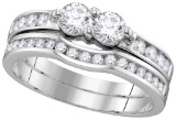 14kt White Gold Womens Round Diamond 2-Stone Hearts Together Bridal Wedding Engagement Ring Band Set