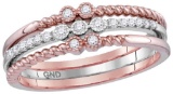 10kt Rose & White Gold Womens Round Natural Diamond Milgrain Stackable 3-Piece Fashion Band Ring 1/8