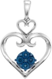 Sterling Silver Womens Round Blue Colored Diamond Stacked Double Heart Pendant 1/10 Cttw