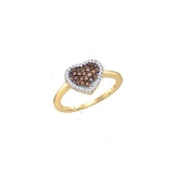 10kt Yellow Gold Womens Round Cognac-brown Colored Diamond Heart Love Ring 1/3 Cttw