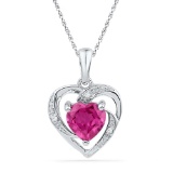 10kt White Gold Womens Round Lab-Created Ruby Heart Love Fashion Pendant 1.00 Cttw