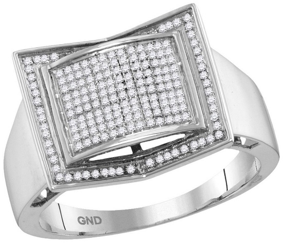 10kt White Gold Mens Round Diamond Square Domed Cluster Ring 1/3 Cttw