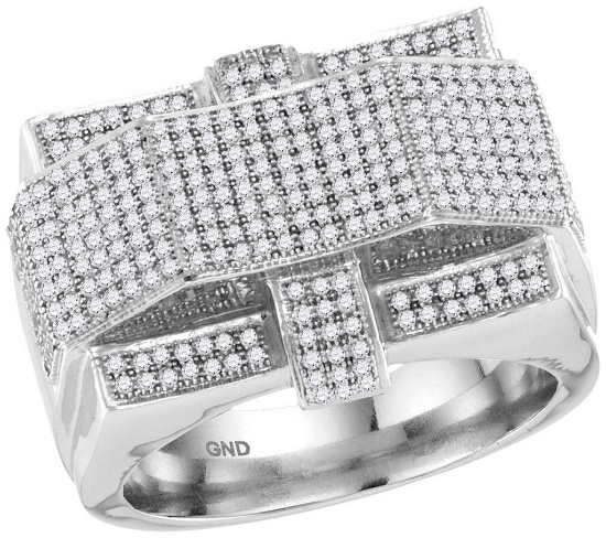 10kt White Gold Mens Round Diamond Rectangle Arched Cluster Ring 1.00 Cttw