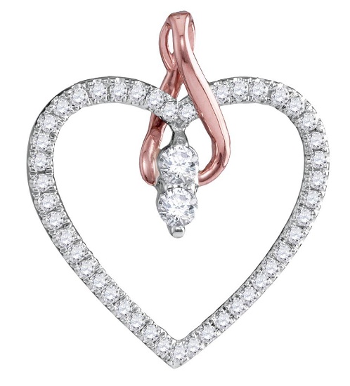 14kt White Gold Womens Round Diamond 2-stone Heart Pendant 1/4 Cttw