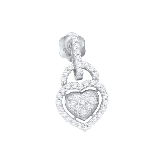10kt White Gold Womens Round Diamond Heart Frame Cluster Dangle Earrings 1/3 Cttw